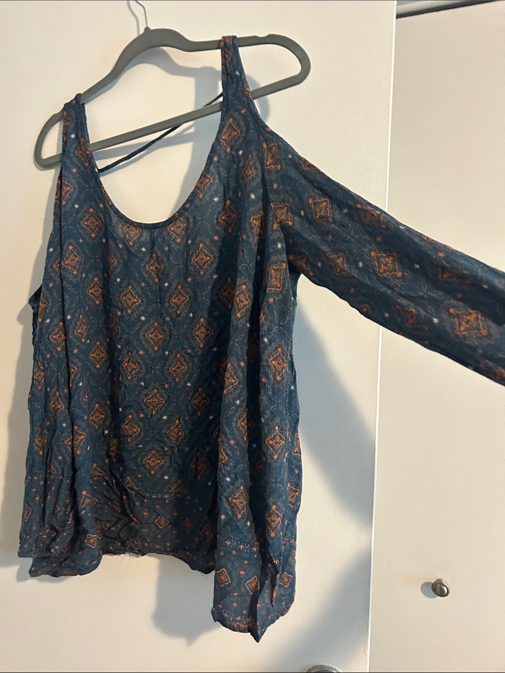 torrid Blue Cold-Shoulder Tunic with Rust Geometric Print